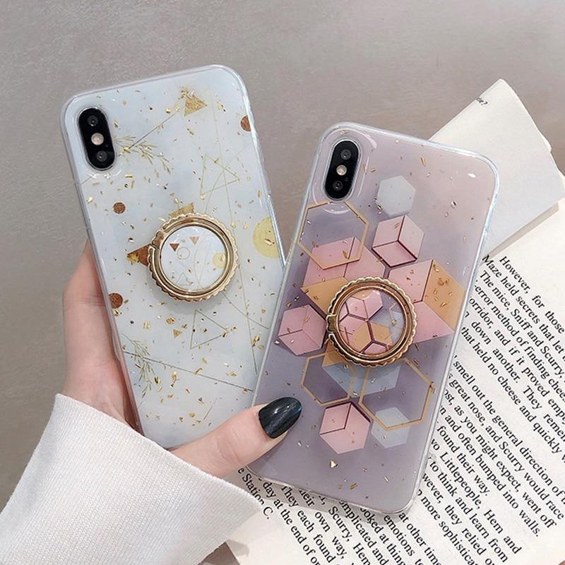Gold Powdered Marble Design + Ring Grip iPhone Cases - VoxxCase